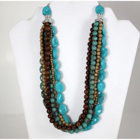 Faux Turquoise & Resin Bead 6-Strand Choker Style Necklace 16.5" Costume - Picture 1 of 4